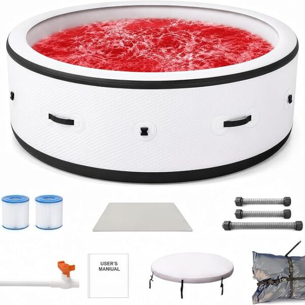 Spa Extérieur Gonflable Rond 4-6 Places Blanc Luxe, Ø206 cm Bain Bouillonnant Chauffant 40°C, 150 Jets Massage, Éclairage LED Étanche Intérieur 6 Couleurs, Matière Haute Résistance
