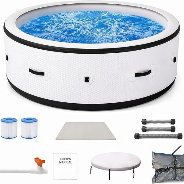 Spa Gonflable Rond 4-6 Places XXL Ø206cm, Bain de Massage Hydro-Massant 150 Jets, Chauffage Automatique 40°C, Tissu Anti-Déchirure, Éclairage Aquatique LED 6 Couleurs pour Jardin