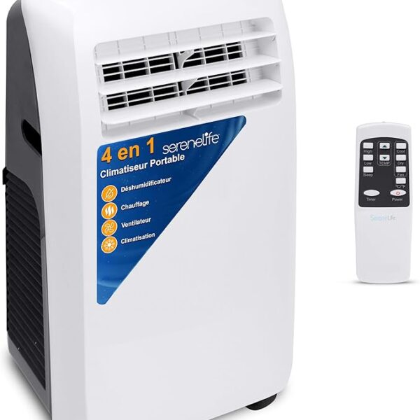 SereneLife Climatiseur Mobile 9000 BTU avec Chauffage – Climatiseur Réversible Portable 4 en 1, jusqu’à 41 m², Déshumidificateur, Ventilateur, Télécommande, Kit Fenêtre, Blanc