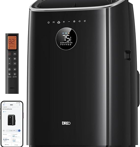 DREO climatiseur mobile 7500 BTU 3-en-1 refroidissement/ventilation/déshumidification, silencieux pour chambre ou bureau, contrôle par app et voix, sans drainage, kit fenêtre, 2,5 L/h, AC318S [Classe énergétique A]