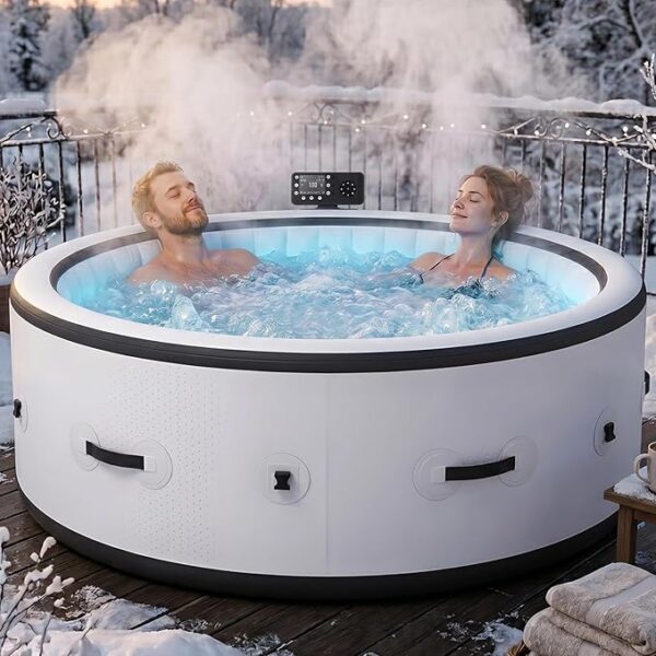 Piscine Spa Extérieure 2-3 Personnes 183 cm pour Patio Cour 40℃ Contrôle Intelligent de la Température 150 Jets de Bulles Matériau Résistant aux Perforations Comprend Tuyau de Vidange Filtre L
