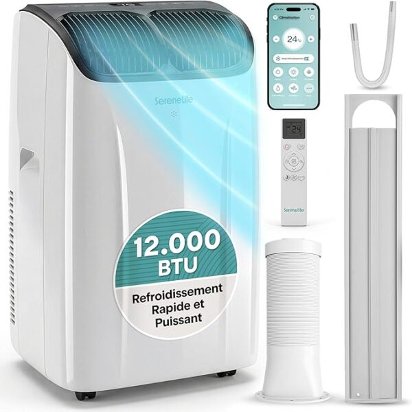 SereneLife Climatiseur Portable 12 000 BTU – Clim Mobile 4 en 1 Silencieuse avec WiFi, Rafraîchisseur d’Air, Déshumidificateur, Ventilation, Chauffage, Kit Fenêtre, Contrôle APP [Classe énergétique A+++]